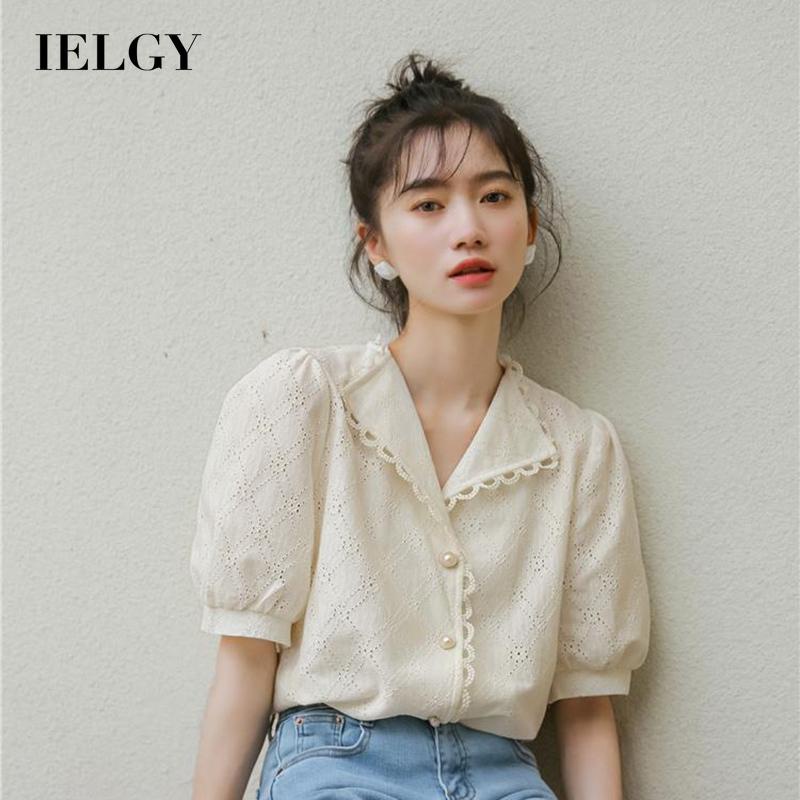 Áo sơ mi IELGY cổ chữ v tay ngắn phong cách Pháp cổ điển dành cho nữ