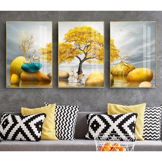 Bộ 3 tranh trang trí đôi hưu và cây vàng tài lộc sang trọng chất liệu bóng kiếng hoặc vải canvas ZTU_121522