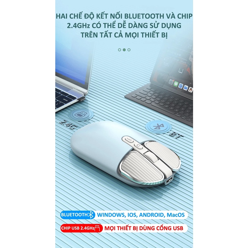 Chuột không dây FMOUSE M203 sạc pin siêu mỏng kết nối bluetooth và chip USB 2.4GHz dùng cho pc, laptop, tivi,...- NK