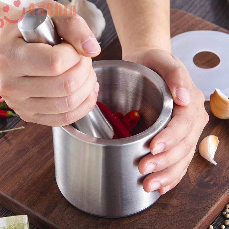 Bộ cối chày inox 304 máy nghiền tỏi Xay tỏi thủ công Bình đựng dược liệu nghiền gia đình Máy mài đa năng