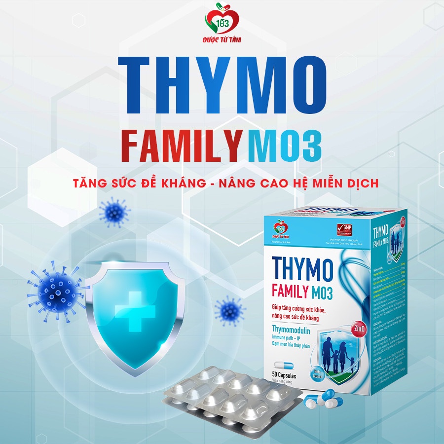 Thymo Family M03 bổ sung Beta glucan Thymomodulin và kẽm giúp tăng cường sức khỏe nâng cao sức đề kháng Hộp 50 viên nang