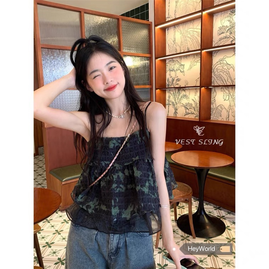 「MOTEL7」Pháp ~ Áo Hai Dây Mỏng Nhẹ Hai Lớp Không Tay Ngắn In Họa Tiết Dễ Thương Có Thể Gấp Lại