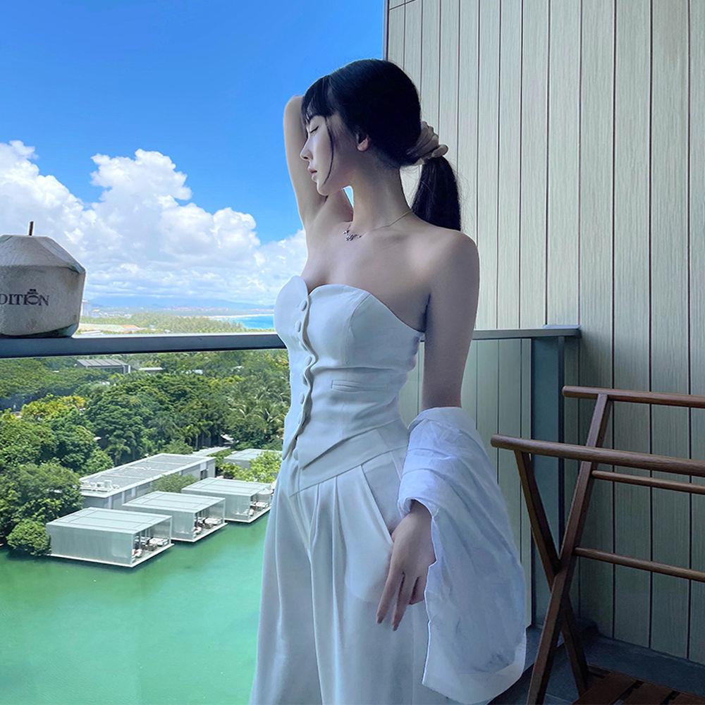 Bộ Áo Ống + Quần Dài Eo Cao Ống Rộng Thời Trang Quyến Rũ Cho Nữ