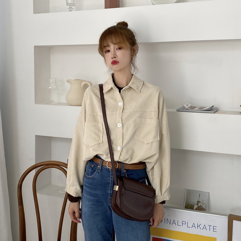 SUXI Áo Khoác Cardigan Nhung Kẻ Dài Tay Dáng Rộng Màu Trơn Phong Cách Retro Hàn Quốc