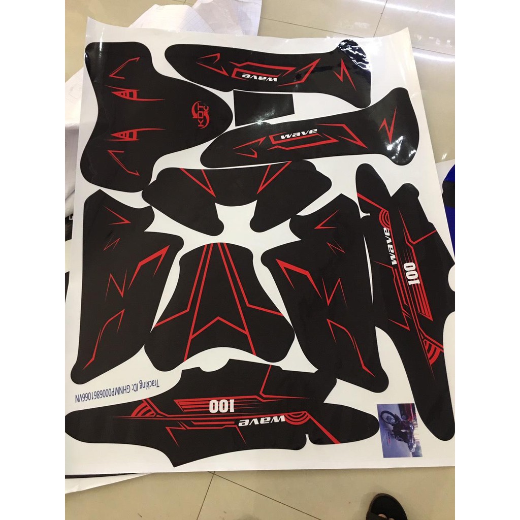 Tem trùm wave đen chỉ đỏ alpha 100, độ phủ bộ team decal cho xe máy rẻ đẹp