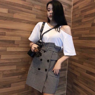 Set váy kẻ trễ vai