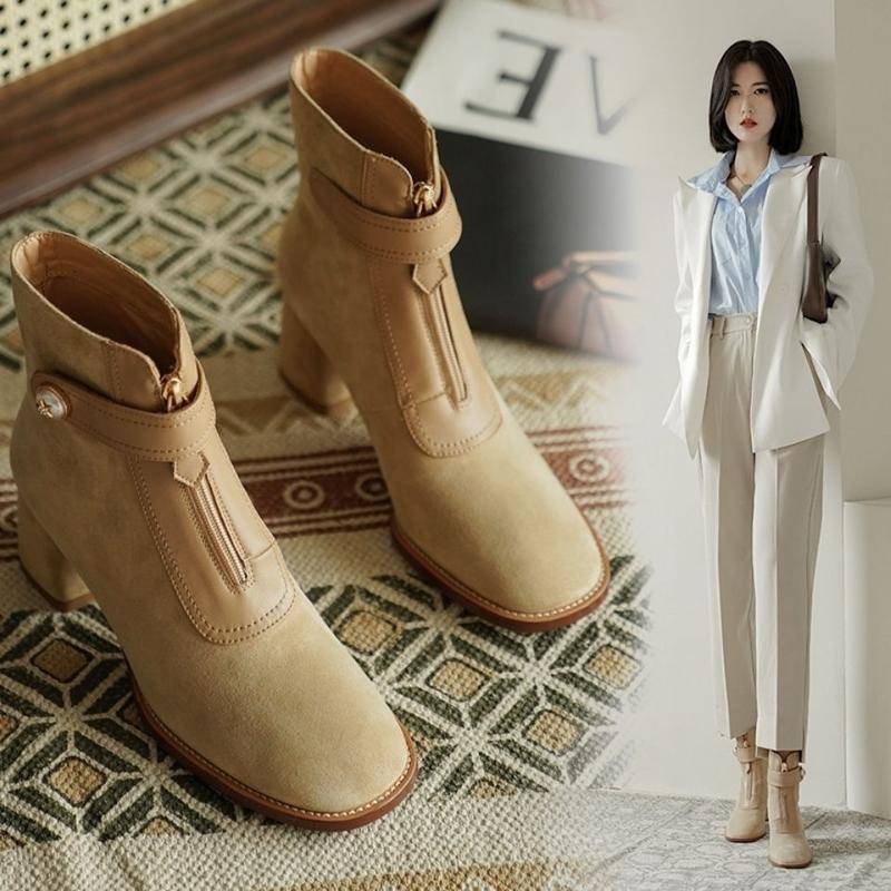 Giày bốt Martin da lộn gót dày ống ngắn kiểu Hàn Quốc cá tính