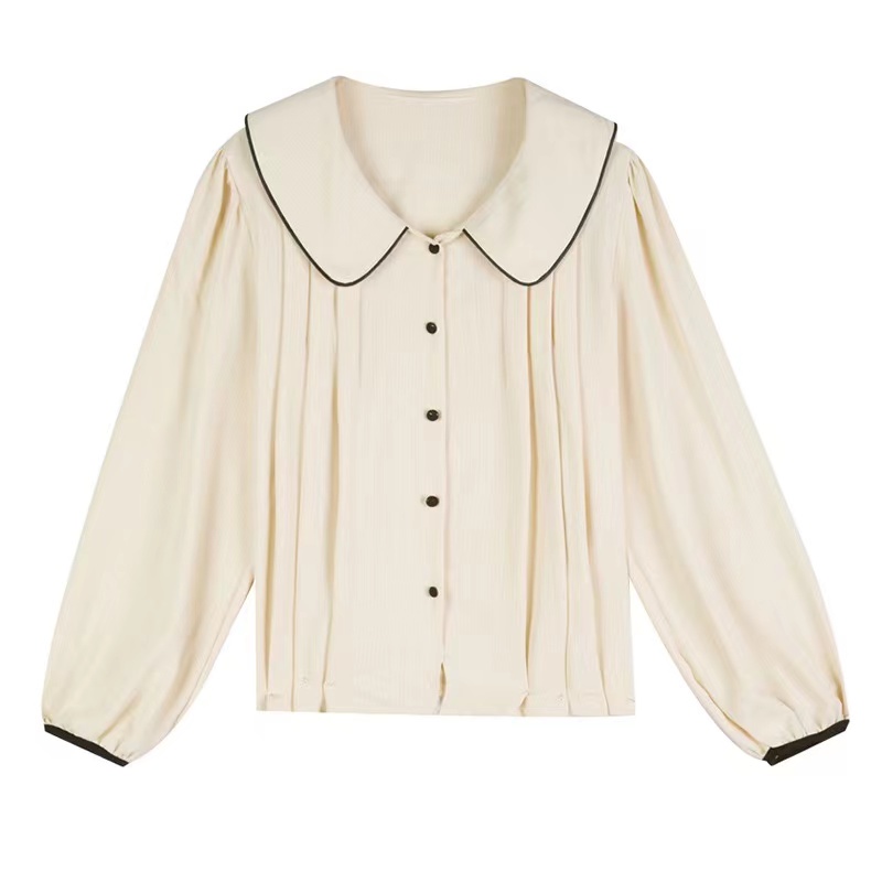 Áo Sơ Mi Tay Dài Cổ Búp Bê Xếp Ly Một Hàng Nút Đơn Giản Sang Trọng Hàn