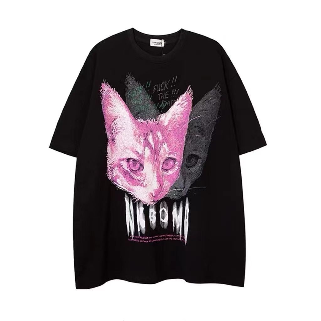 Áo Thun 100% Cotton Nguyên Chất In Hình Mèo Hoạt Hình Phong Cách Đường Phố Thời Trang Dành Cho Nam Nữ