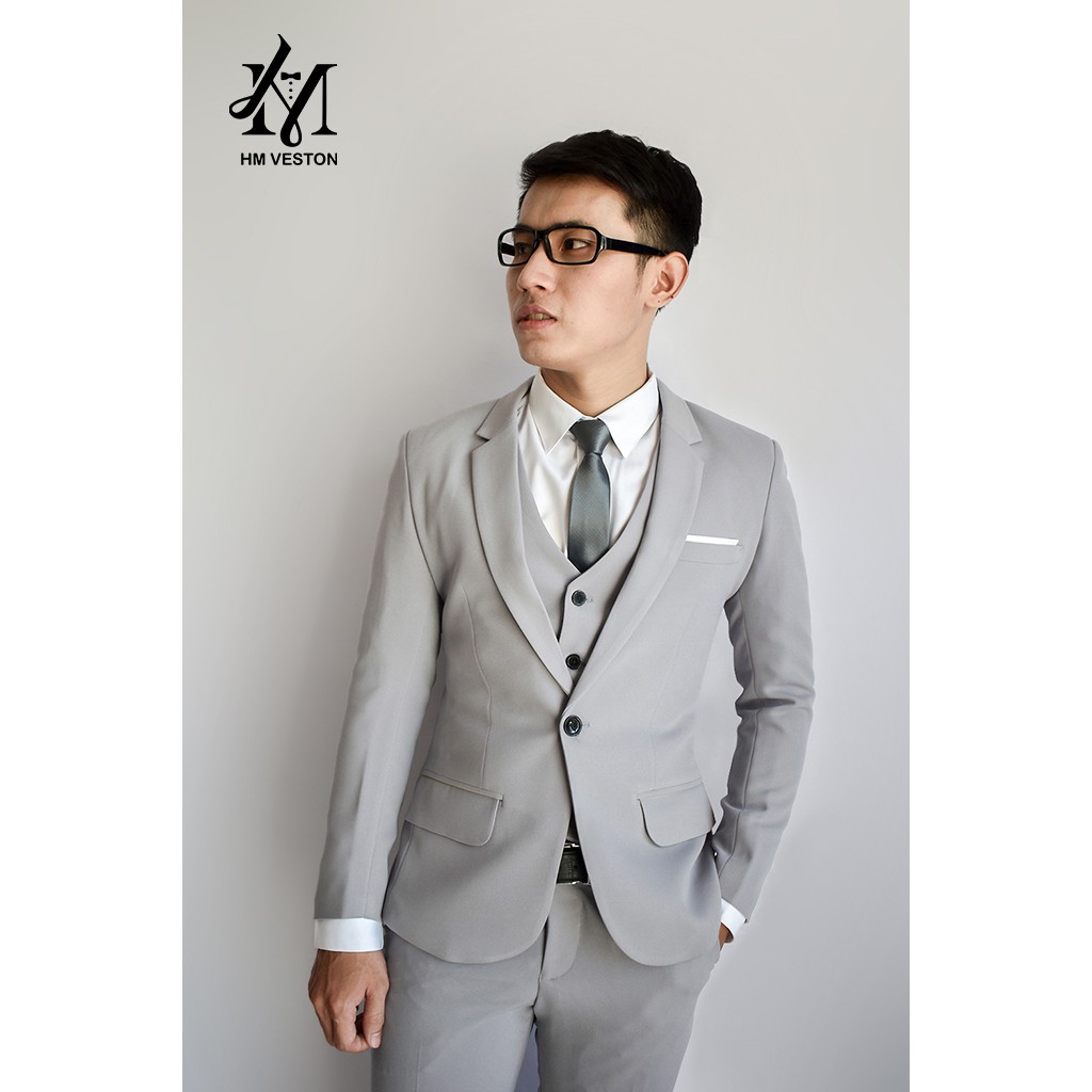 Combo bộ vest nam ôm body màu xám ghi  tặng kèm cà vạt nơ
