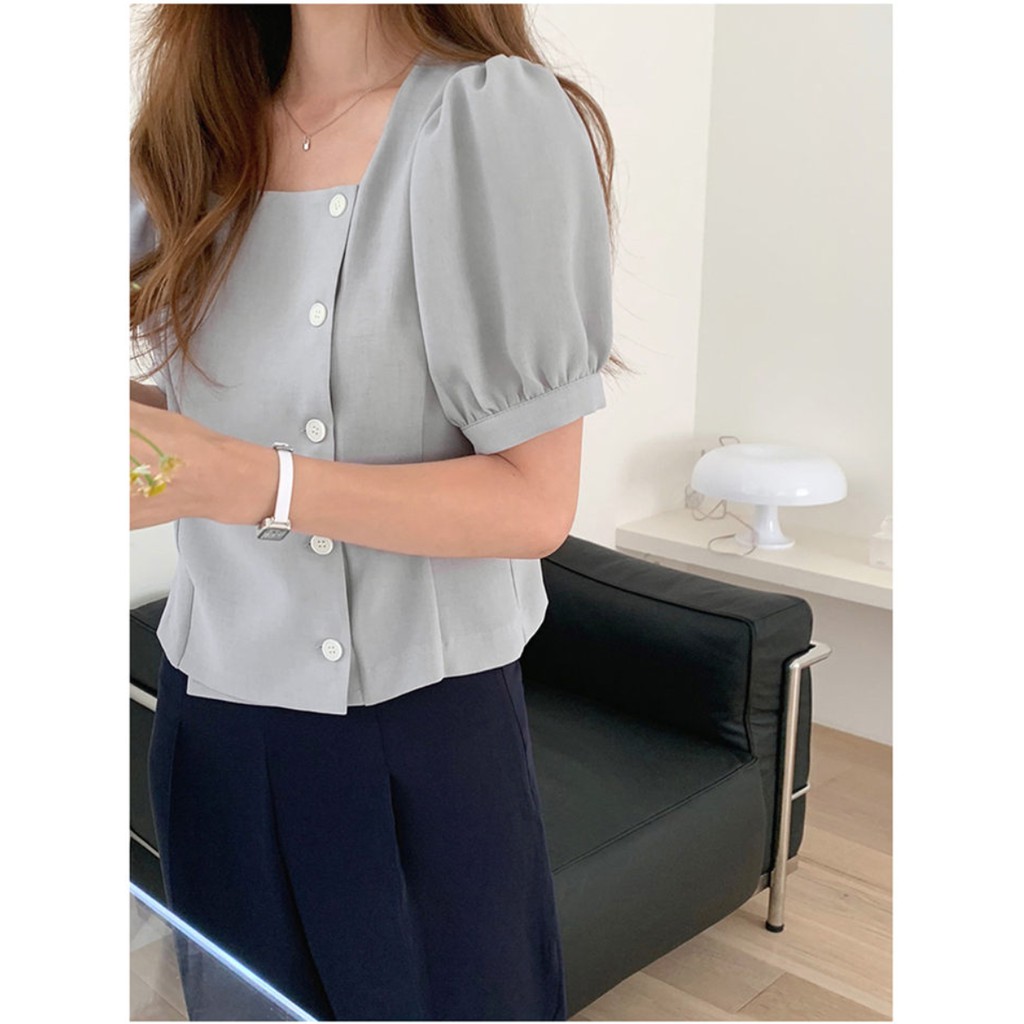 Áo Sơ Mi Tay Ngắn Cổ Vuông Màu Trơn Phong Cách Hàn Quốc Thời Trang Mùa Hè Hàng Mới 44756