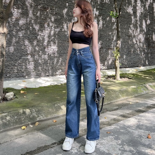 [ ORNY93 ] QUẦN JEANS ỐNG RỘNG NỮ LƯNG CAO 2 NÚT XANH ĐẬM THỜI THỜI TRANG NHẸ LAI CUỐN MỀM MỊN MÁT MẺ CỰC THỜI TRANG