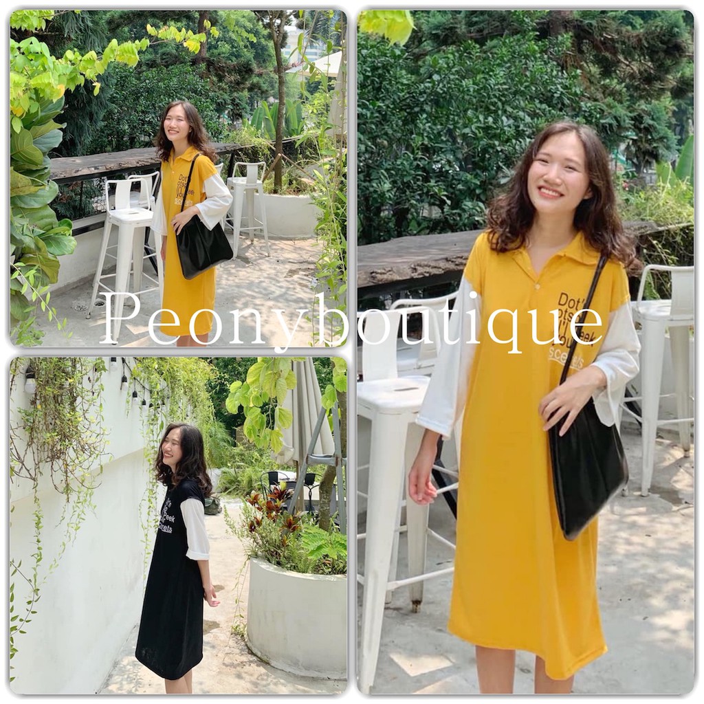 Đầm thun nữ dáng suông có cổ - Váy polo tay phối in chữ SIÊU ĐẸP