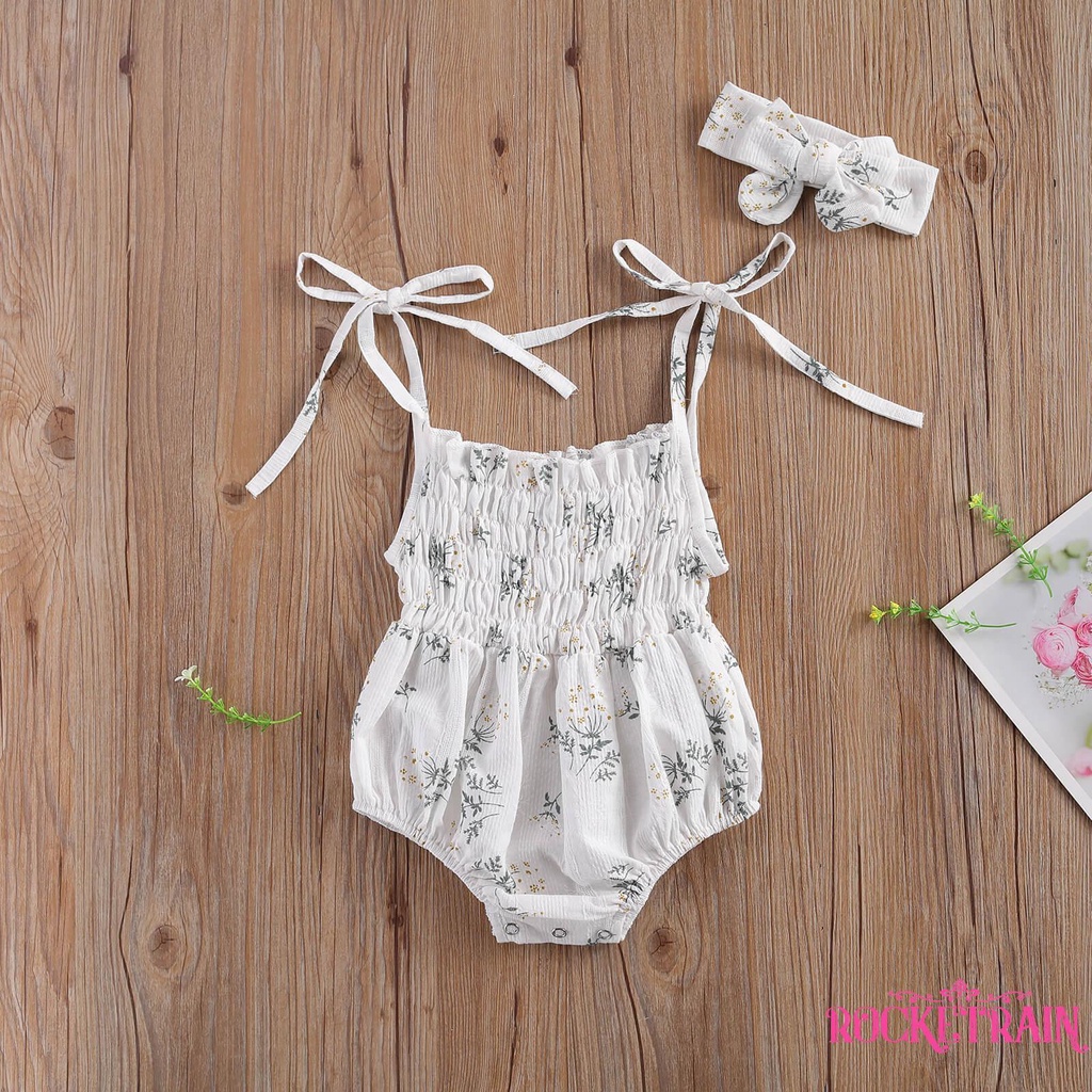 Set 2 Món Áo Liền Quần Họa Tiết Hoa + Băng Đô Nơ Cho Bé Gái