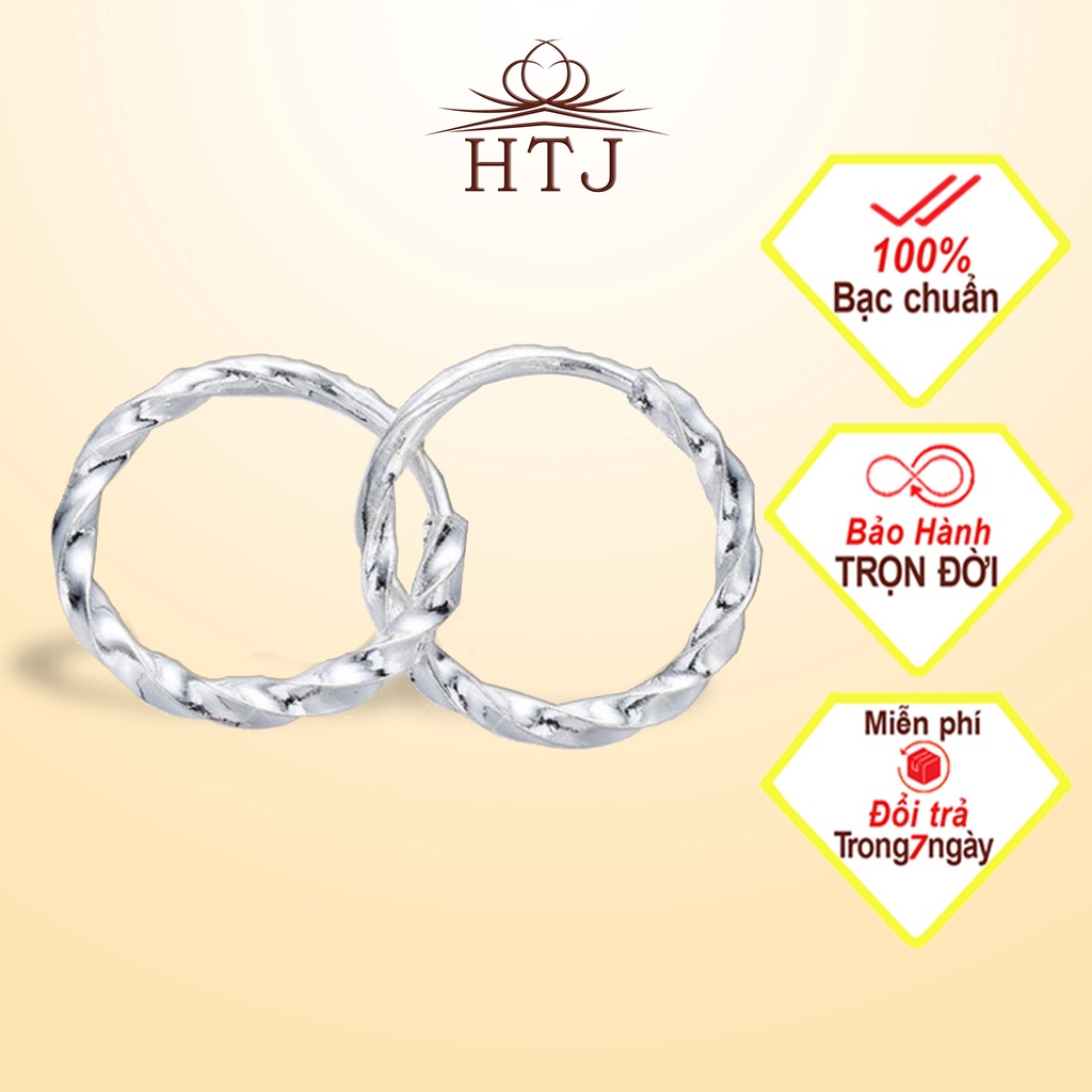Khuyên tai nữ bạc 925 cao cấp HTJ, bông tai tròn xoắn trơn basic nhiều size - T008