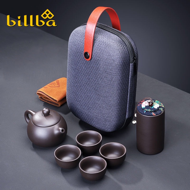 Bộ ấm trà tử sa có 4 chén và hộp chuyên dùng xách tay đi du lịch dã ngoại cắm trại -Billba camping