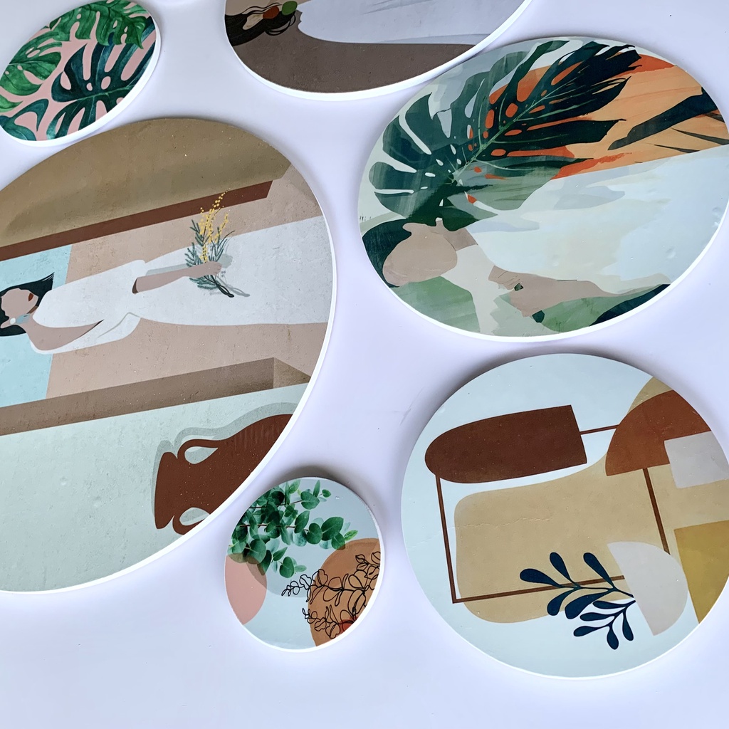 Tranh tròn dán tường Luhau Girl and Leaf mix style Minimalism và Scandanivian tối giản Hàn Quốc