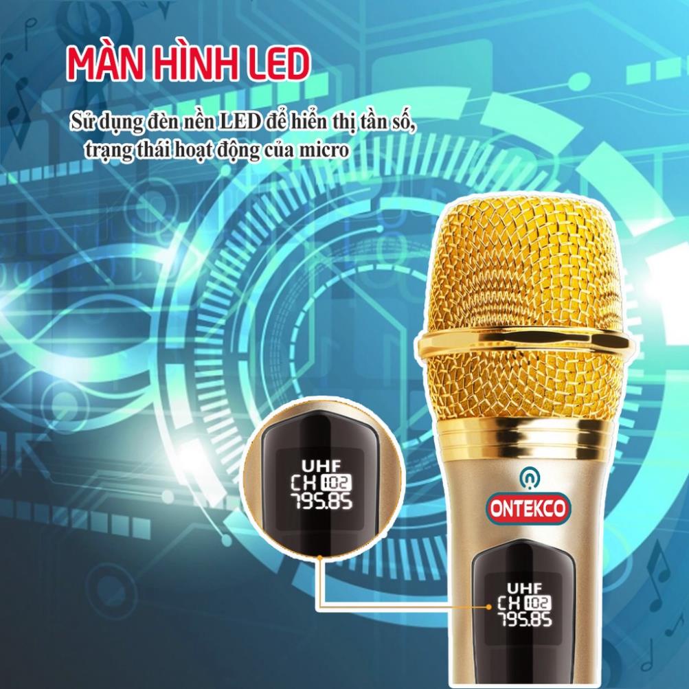 Bộ micro không dây ONTEKCO E6s màu vàng, hút âm mạnh, hát karaoke dùng cho mọi loa kéo, amply gia đình  Ontek đông anh