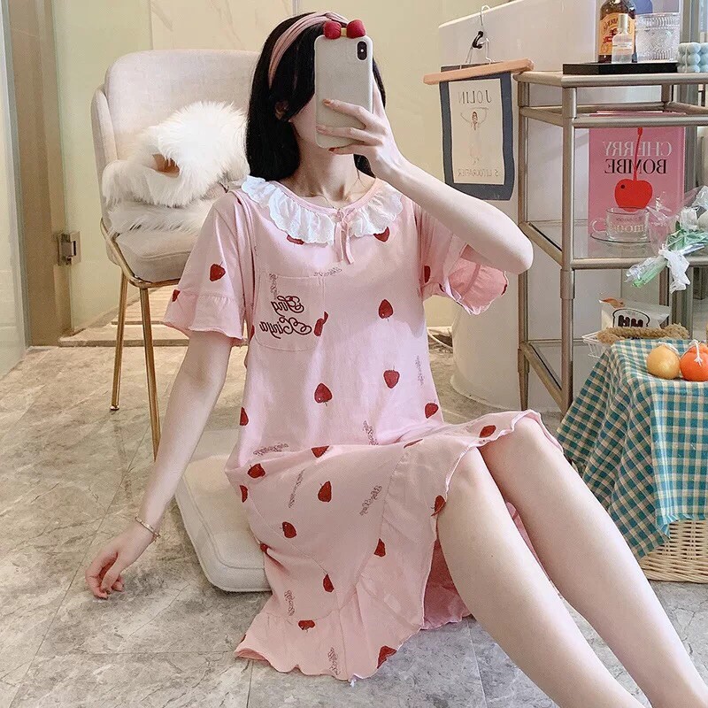 Váy Bầu Mặc Nhà Cho Con Bú Sau Sinh Chất Cotton Cổ Bèo