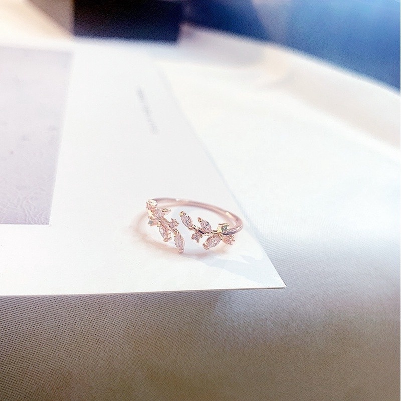 Nhẫn hở đính đá mạ bạc 925 hình chiếc lá thiết kế thời trang Hàn Quốc cho nữ