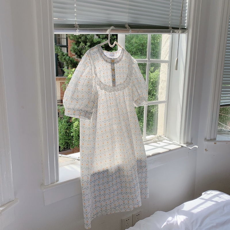 Đầm Ngủ Tay Ngắn Phối Ren Mỏng In Họa Tiết Thời Trang Mùa Hè Hàn Quốc Cho Nữ