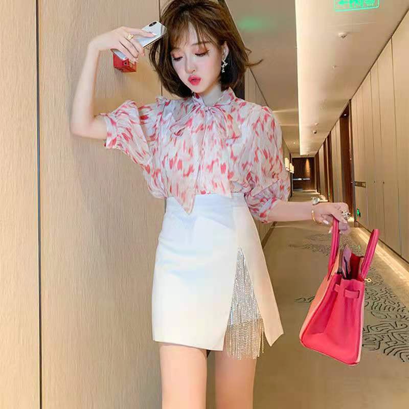 Set Áo Sơ Mi In Họa Tiết + Chân Váy Lưng Cao Xẻ Tà Đính Đá Có Size S-3Xl Thời Trang Mùa Hè Cho Nữ