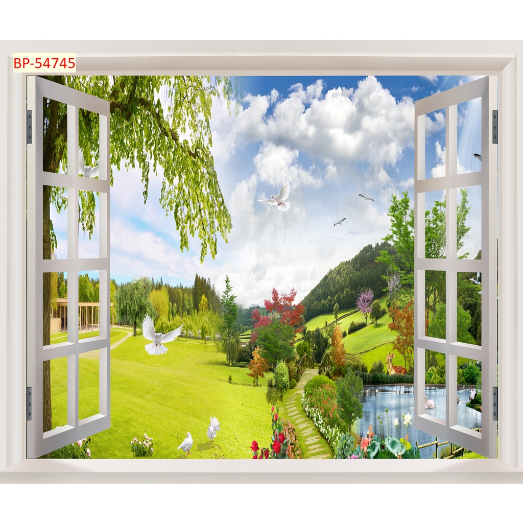 Tranh dán tường cửa sổ phong cảnh mát mẻ