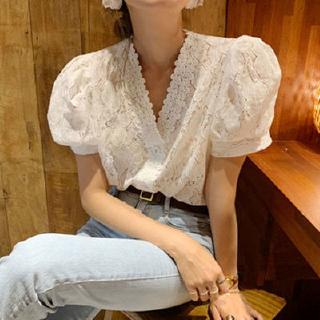 Áo sơ mi ngắn tay cổ v phối ren xinh xắn thời trang hàn quốc