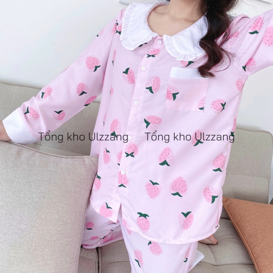 Bộ Pijama Dài Tay Quần Dài Phối Cổ Họa Tiết Dễ Thương Siêu Xinh