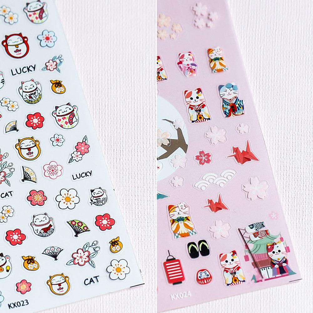 Miếng Dán Trang Trí Móng Tay Tự Dính Họa Tiết Mèo May Mắn 5D Dễ Thương
