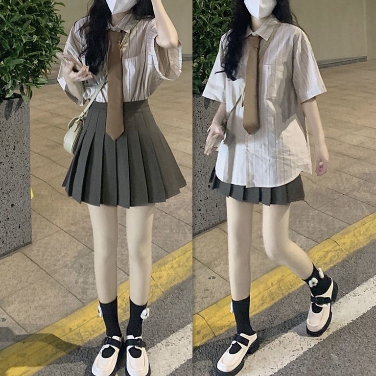 Set Áo Sơ Mi Kẻ Sọc Phối Chân Váy Xếp Ly Ngắn Tay Thời Trang Mùa Hè Cho Nữ