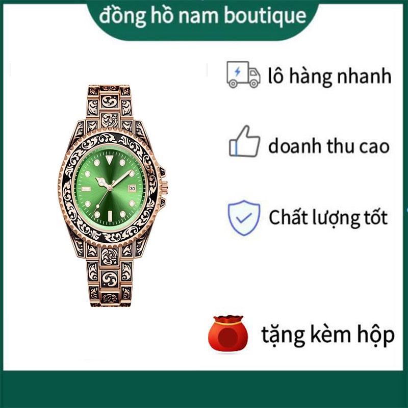 Đồng hồ nam thời trang nam dây đeo kim loại thạch anh Pin vàng khắc kinh doanh Retro Giá rẻ tại chỗ tặng kèm hộp