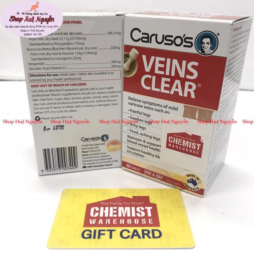 Viên uống giảm suy giãn tĩnh mạch Caruso’s Veins Clear 60 viên, mẫu mới của Úc