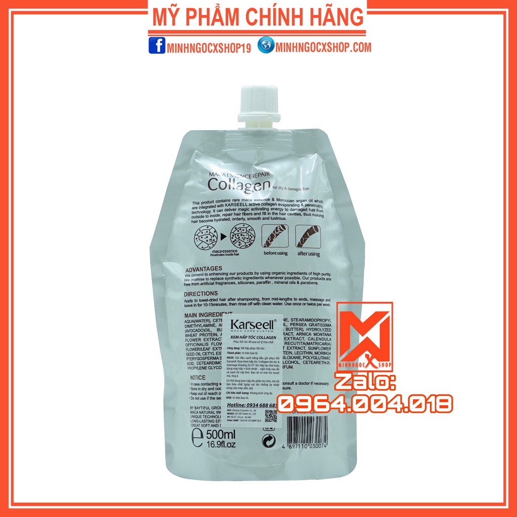 Kem ủ tóc, dầu hấp COLLAGEN KARSEELL dạng túi 500ml chính hãng