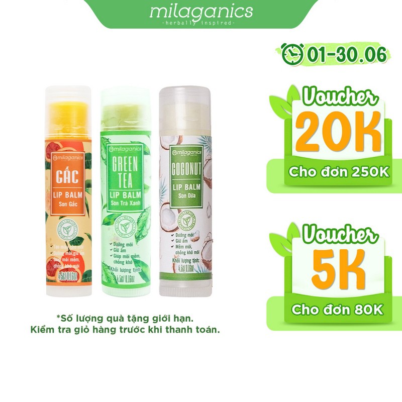 Combo 3 Son dưỡng môi, giảm thâm, hồng môi MILAGANICS (Son Trà Xanh 4.5g + Son Gấc 4.5g + Son Dừa 4.5g)