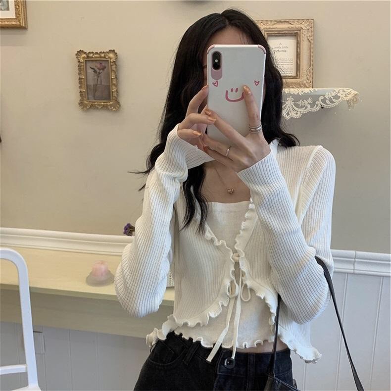 SET CARDIGAN TĂM MỎNG + ÁO QUÂY NỮ ĐEN TRẮNG - CROPTOP THIẾT KẾ DÂY VIỀN BÈO TIỂU THƯ Ulzzang - SET ÁO KHOÁC CROP CỘT BÈ