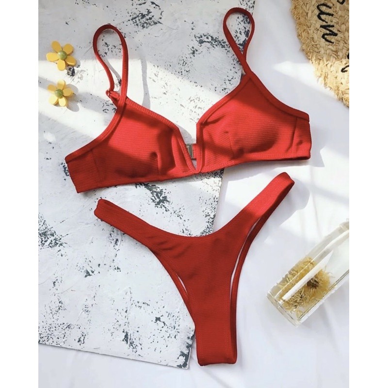 [BKN360] &lt;ÂU&gt; SET BIKINI CỔ V VẢI GÂN XANH BLUE/ĐỎ/ĐEN/TRẮNG/HỒNG QUẦN THONG/LỌT KHE