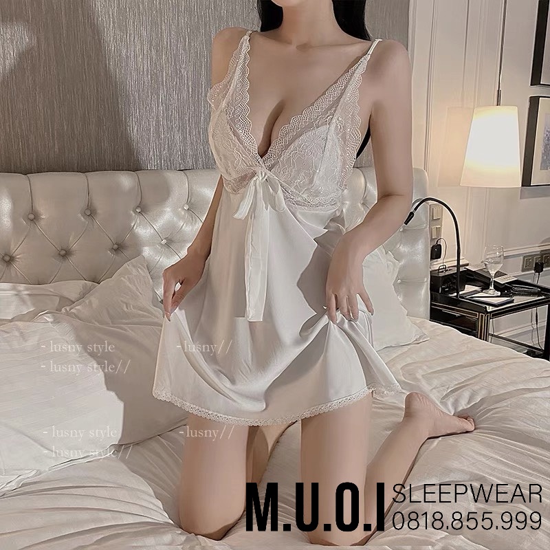 [FREESHIP] Váy ngủ sexy QCCC- Sx 117 Váy ngủ thắt nơ ngực lụa satin QCCC Muối Sleepwear