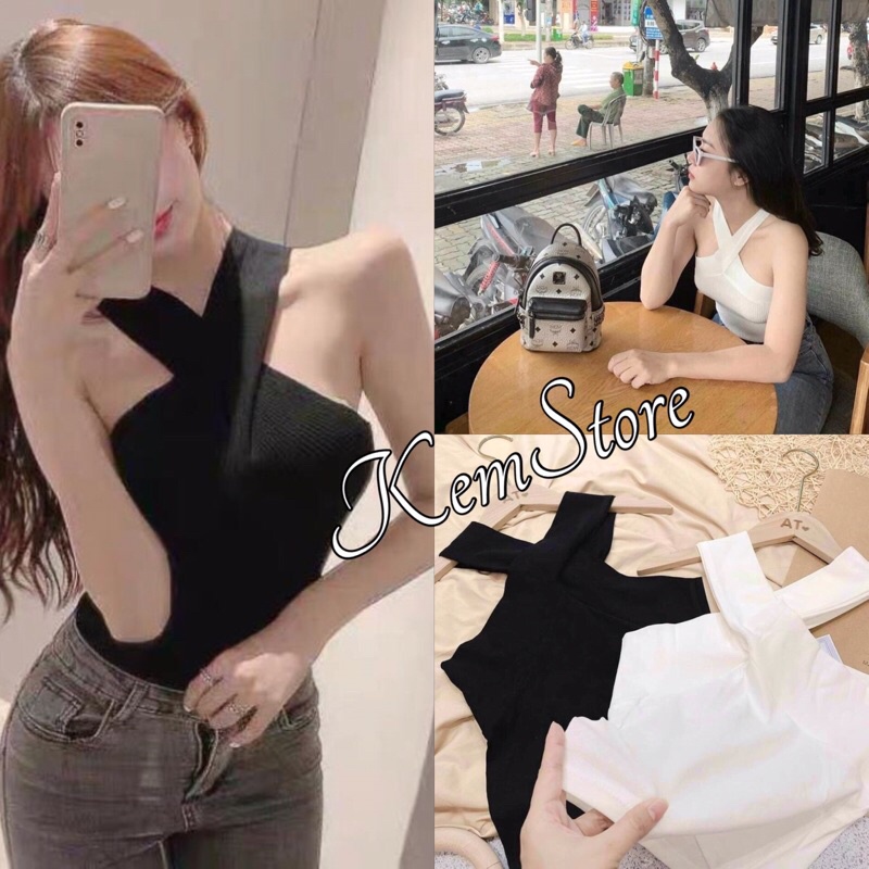 Áo Croptop Nữ 2 Dây Đan Chéo, 🌺 KemStore 🌺, Áo Phông Thun Gân Body 2 Màu ĐEN TRẮNG