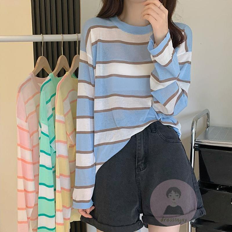 Áo Thun Nữ Dài Tay Cổ Tròn Sọc Ngang Thời Trang