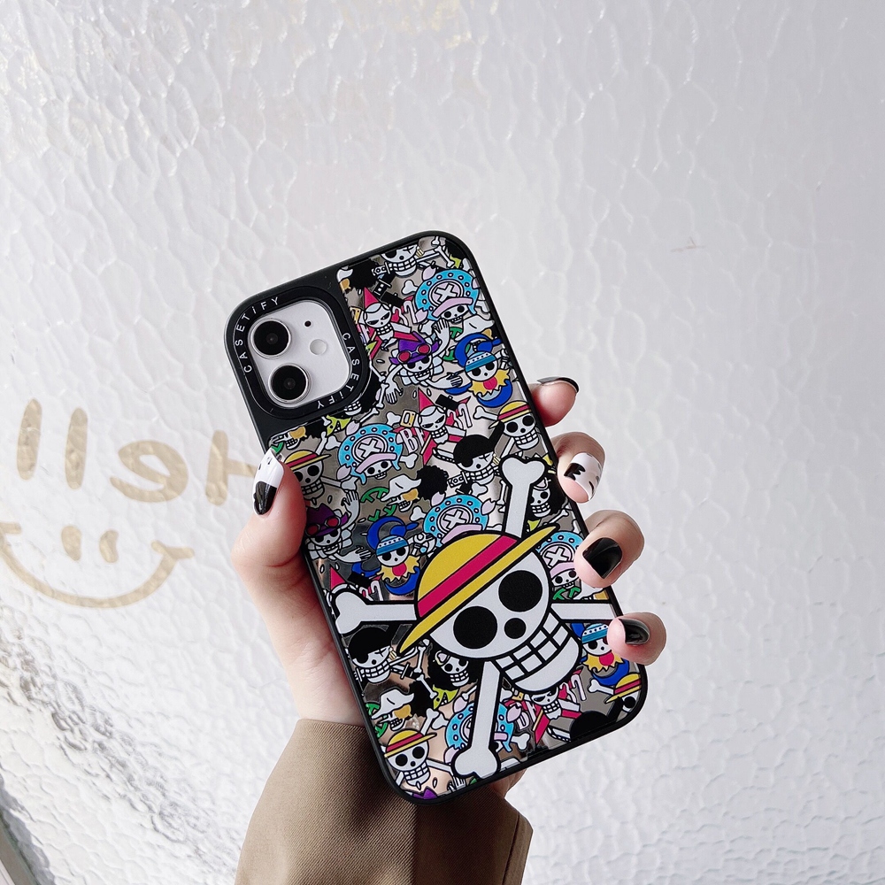 Apple iPhone 7 8 Plus 7+ X XS XR 11 11Pro 12 Mini 12Mini Pro Max XSMax SE 2020 insta Style Casetify Tide Brand Cute Cartoon Makeup Mirror Hand Painted Graffiti ONE PIECE Lens Protection Flexible Soft Silicone TPU Case Cover Anti-Drop Casing