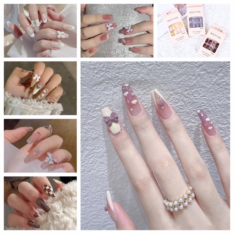 Set 24 móng tay giả đính đá có kèm keo dán