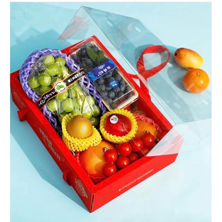 Hộp để trái cây/quà tặng màu đỏ nắp mica/mặt kiếng có quai xách kt 36x28x16,5cm/hộp