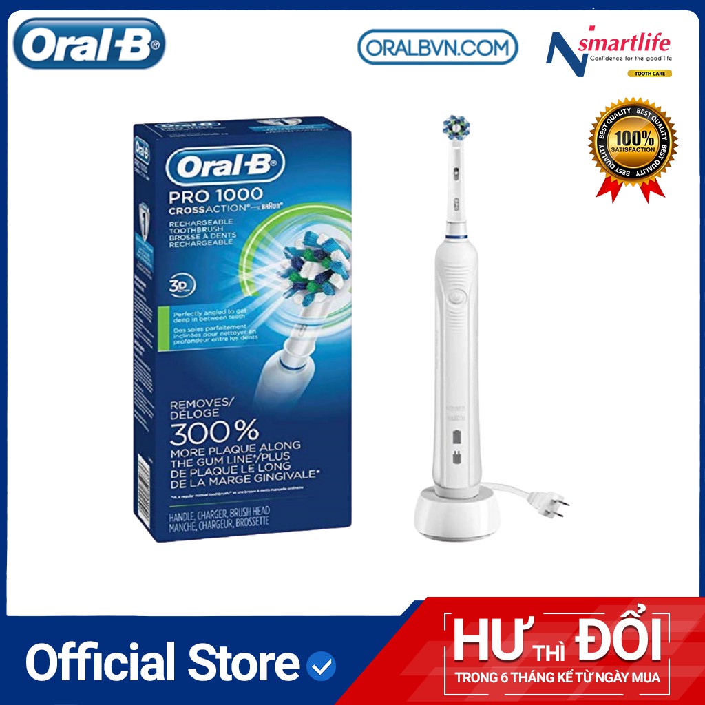 [US] Bàn chải đánh răng điện tự động Oral B Pro 1000 trắng làm sạch răng, hạn chế viêm nướu