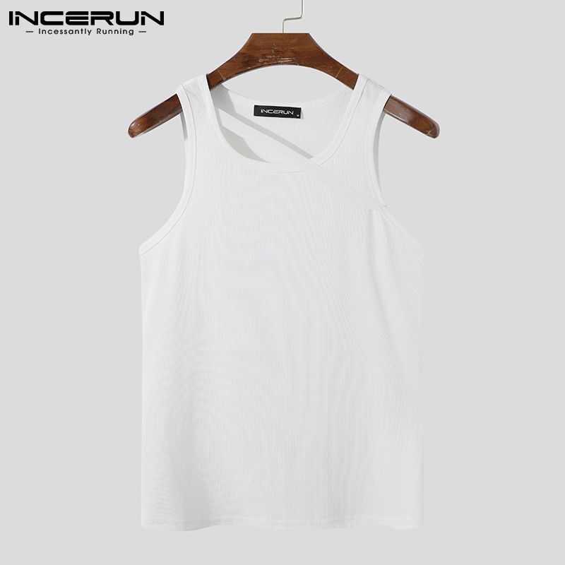 Áo INCERUN dệt kim không tay màu trơn phối dây ôm vừa vặn cho nam mặc thường ngày