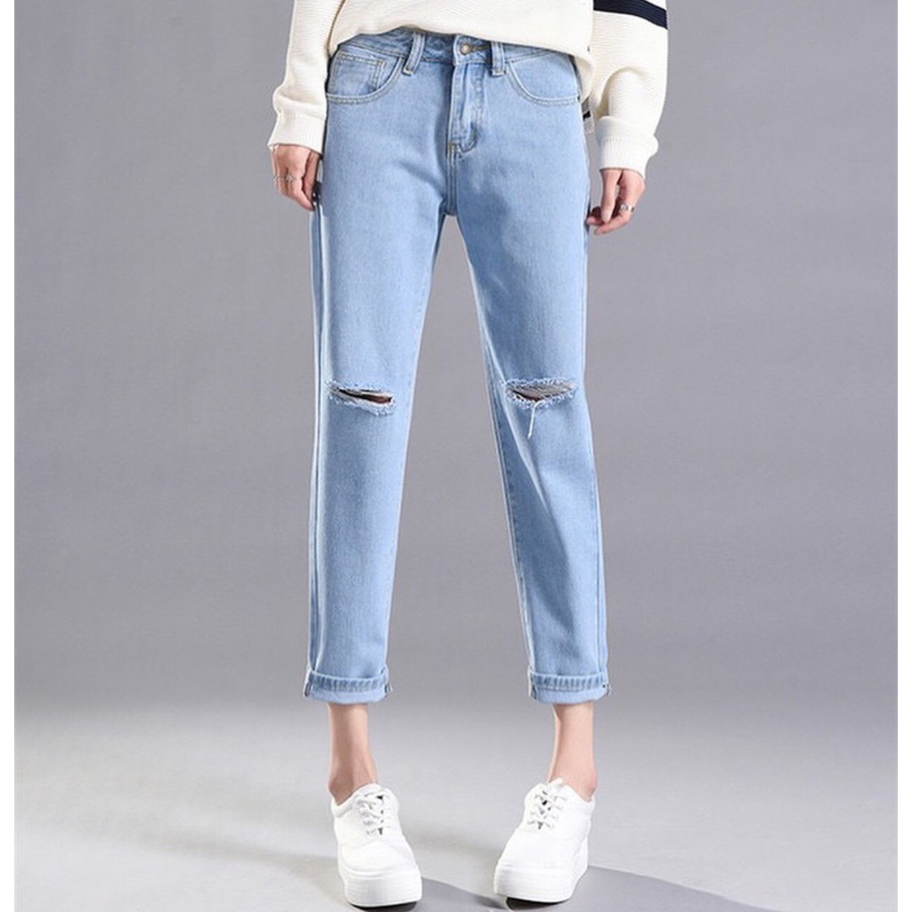 [ BỤI ĐỜI !!! ] QUẦN BAGGY JEAN NỮ CAO CẤP NITI QC  LƯNG SIÊU CAO RÁCH 2 GỐI CỰC HOT-NL22022087