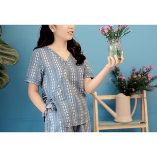 [Thanh lý nghỉ bán] MS12 - Bộ pijama yukata mặc nhà vải thô dệt hoa xanh mát