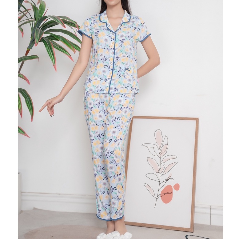 Bộ đồ mặc nhà mặc nhà nữ pijamas lanh SUNFLY áo cộc tay, quần dài ST8810
