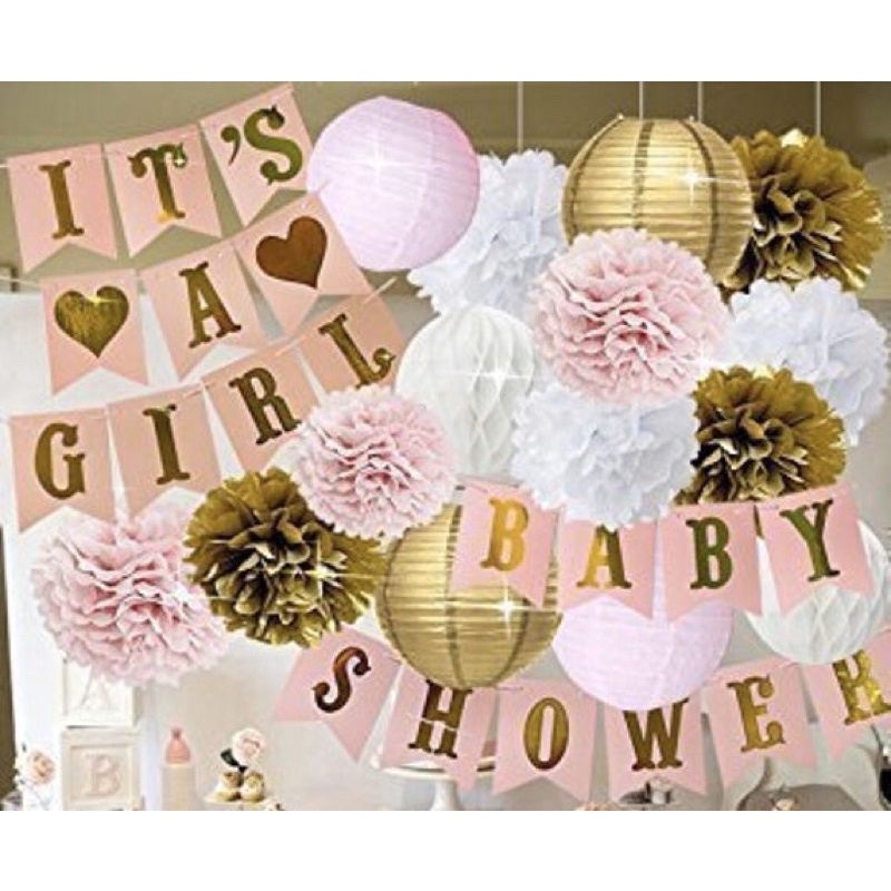 Bộ phụ kiện trang trí sinh nhật tông hồng gold sang chảnh đầy tháng bé gái