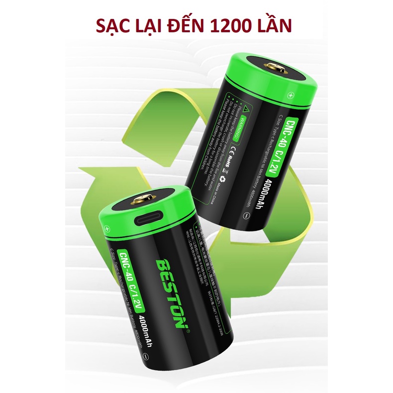 Pin sạc cỡ C Beston 1.2V Dung lượng cao 4000mAh Sạc trực tiếp bằng dây USB cổng sạc type C